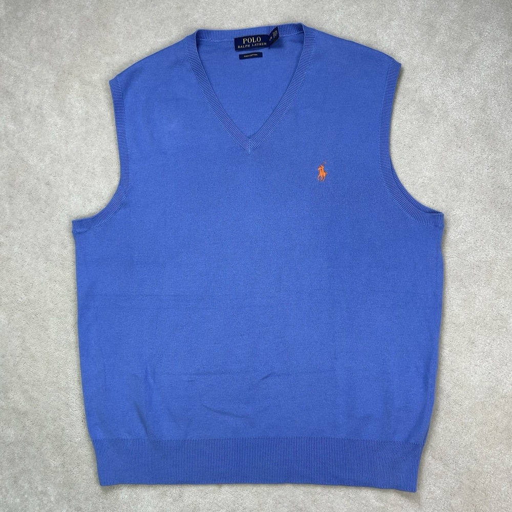 Polo Ralph Lauren Sweater Vest Mens Large Blue Pima Cotton VNeck Preppy Academia